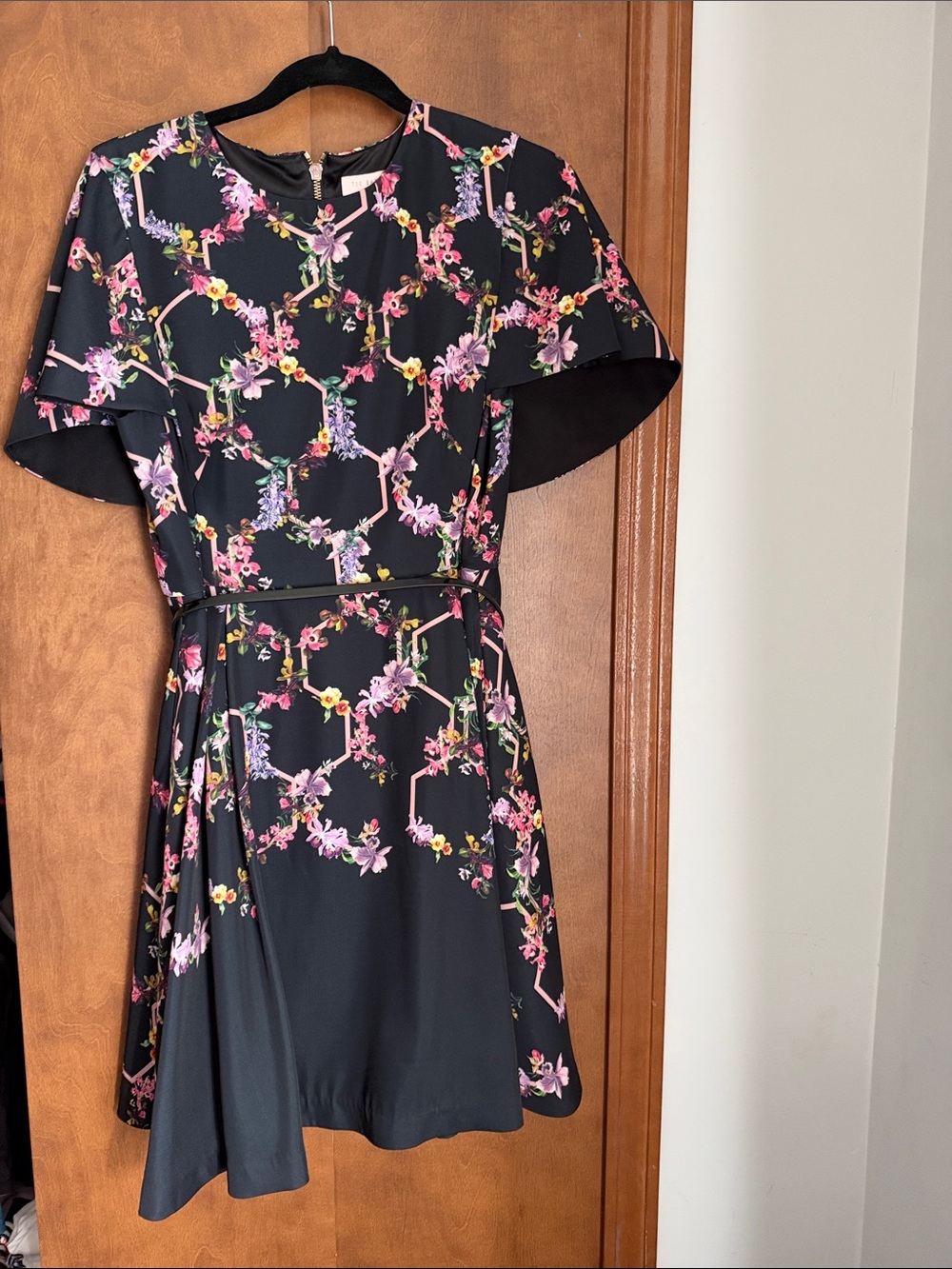Ted Baker London Black Floral Belted Fit & Flare Dress